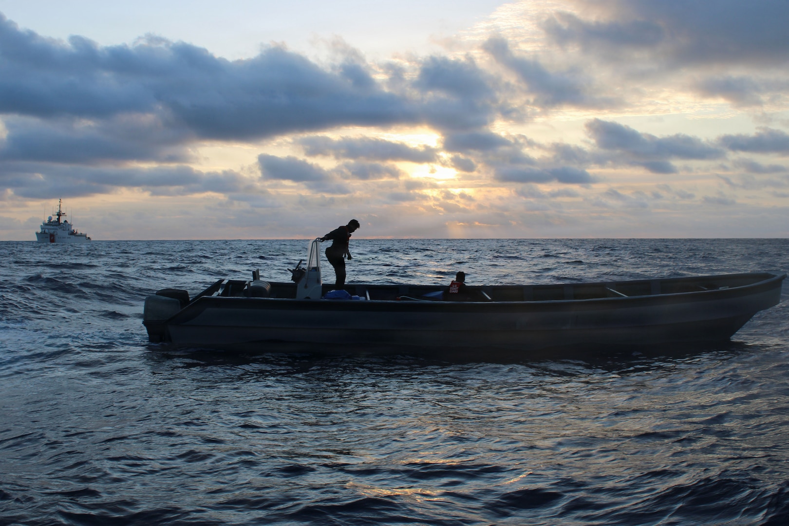 A Coast Guard Cutter Seneca law enforcement team secures an interdicted drug smuggling vessel in the Eastern Pacific Ocean, Jan. 25, 2026. At the end of the patrol, Seneca's crew offloaded more than $135 million of illicit drugs at Port Everglades, Florida. (U.S. Coast Guard photo by Coast Guard Cutter Seneca's crew)