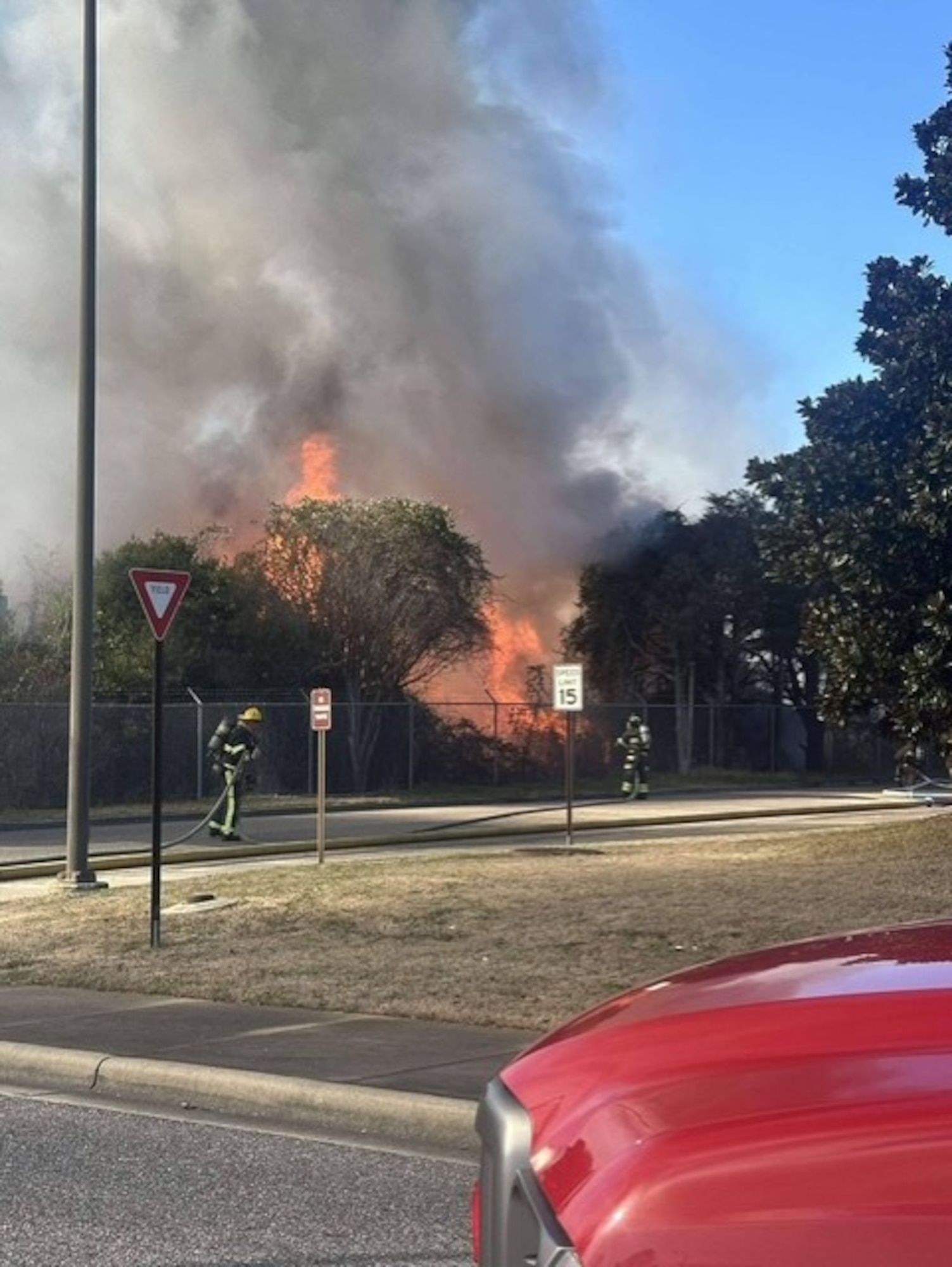 Maxwell-Gunter firefighters work together to extinguish a fire at Gunter Annex, Alabama, Feb. 01, 2026.