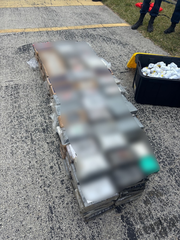 Narcotics seized during an interdiction of a suspected drug smuggling vessel off Fort Lauderdale, Florida, Feb. 11, 2026. Coast Guard Station Fort Lauderdale's law enforcement crew interdicted approximately $5.6 million in illicit narcotics. (U.S. Coast Guard photo by Station Fort Lauderdale's crew)