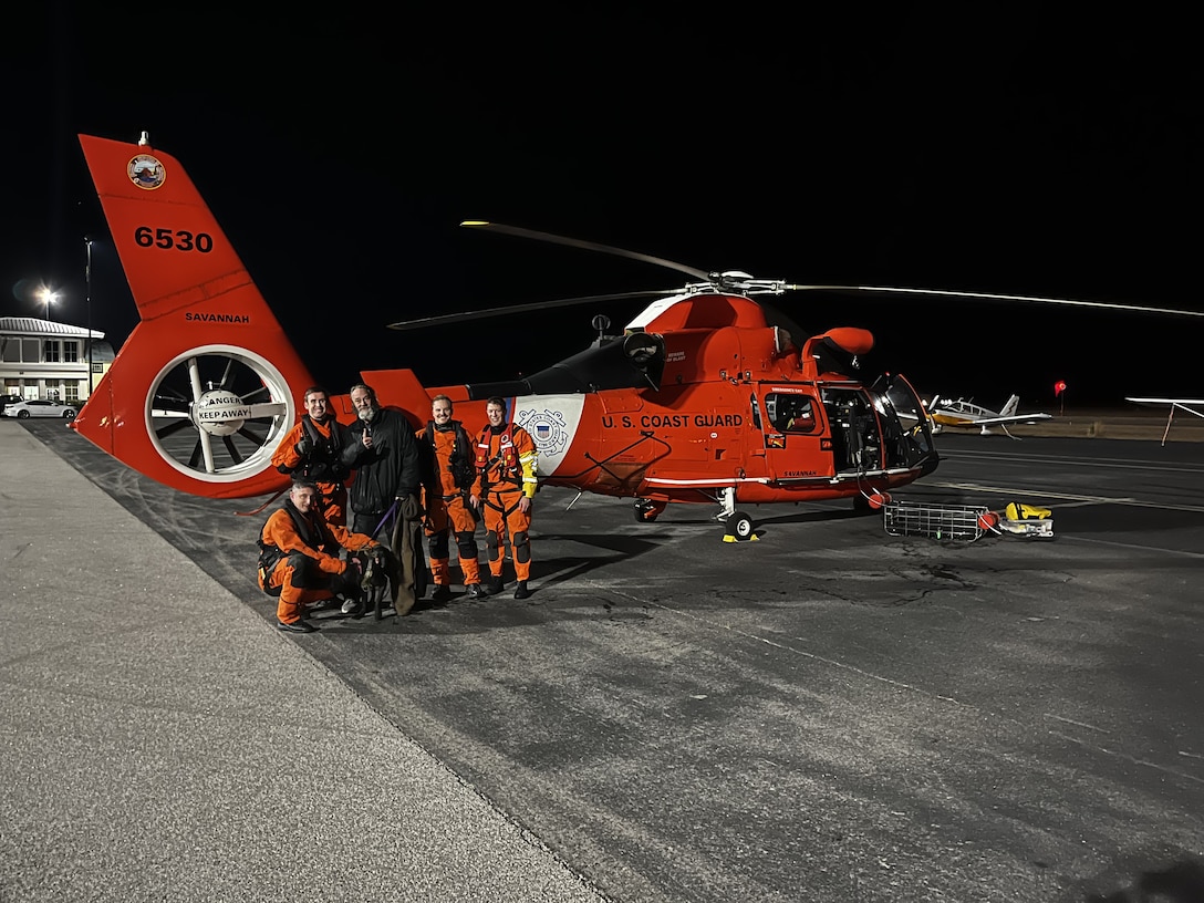 A Coast Guard Air Facility Charleston MH-65 Dolphin helicopter crew rescued a man and his dog and transported them to Georgetown Airport with no reported medical concerns.