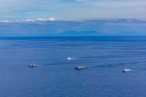 From left, Royal Australian Navy Anzac-class frigate HMAS Toowoomba (FFH 156), Philippine Coast Guard Teresa Magbanua-class patrol vessel BRP Teresa Magbanua (MRRV 9701), U.S. Navy Arleigh Burke-class guided-missile destroyer USS Dewey
 (DDG 105) and Philippine Navy Jose Miguel Malvar-class guided-missile frigate BRP Diego Silang (FFG 07) sail in formation during the Maritime Cooperative Activity (MCA) in the Philippines' Exclusive Economic Zone, Feb. 16, 2026.