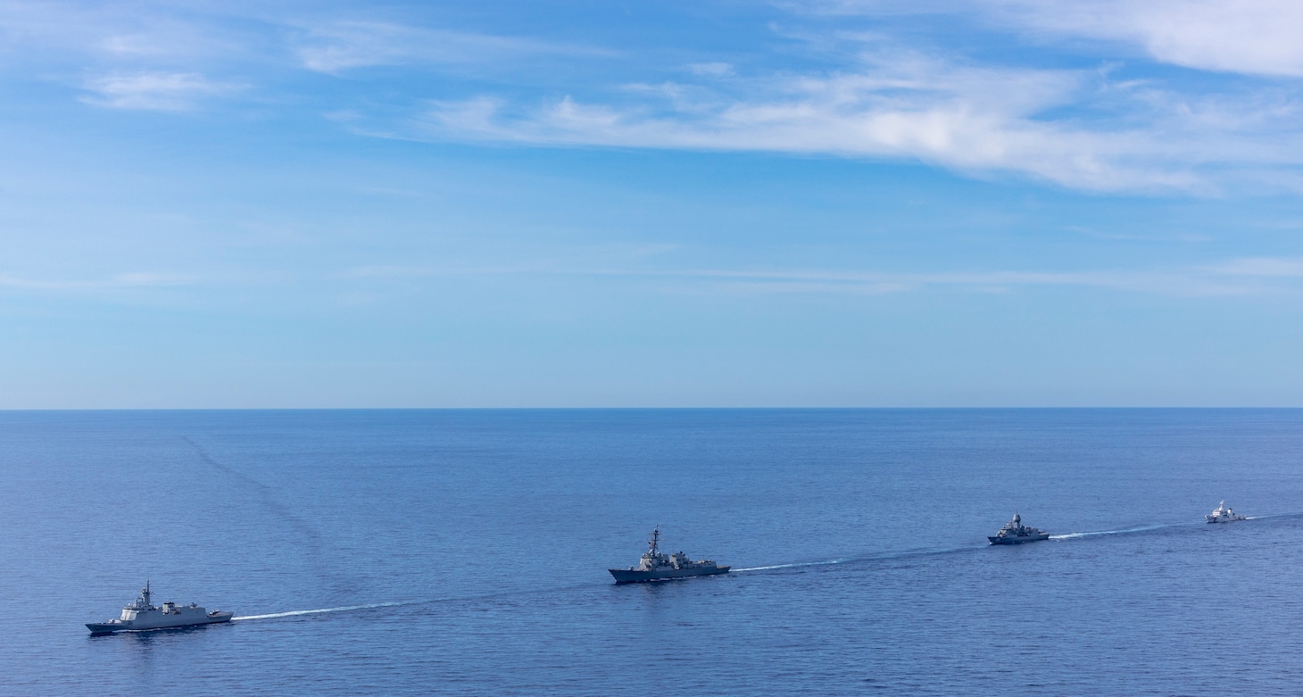 From left, Philippine Navy Jose Miguel Malvar-class guided-missile frigate BRP Diego Silang (FFG 07), U.S. Navy Arleigh Burke-class guided-missile destroyer USS Dewey (DDG 105), Royal Australian Navy Anzac-class frigate HMAS Toowoomba (FFH 156) and Philippine Coast Guard Teresa Magbanua-class patrol vessel BRP Teresa Magbanua (MRRV 9701) sail in formation during the Maritime Cooperative Activity (MCA) in the Philippines' Exclusive Economic Zone, Feb. 16, 2026. The U.S. Navy routinely operates with the Armed Forces of the Philippines and partners and allies through MCAs to continually develop, exercise and enhance multi-domain tactical interoperability to uphold peace and security in the region. Dewey is forward-deployed and assigned to Destroyer Squadron (DESRON) 15, the Navy’s largest DESRON and the U.S. 7th Fleet’s principal surface force. (U.S. Navy photo by Mass Communication Specialist 2nd Class Oscar Diaz)