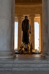 U.S. Army Soldiers assigned to the Mississippi National Guard conduct a presence patrol near the Thomas Jefferson statue inside the Jefferson Memorial in Washington, Feb. 10, 2026. Operating as part of Joint Task Force–District of Columbia, the Soldiers provide a visible and steady presence at historic landmarks in support of the D.C. Safe and Beautiful mission. (U.S. Air National Guard photo by Master Sgt. William Blankenship)