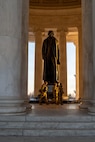 U.S. Army Soldiers assigned to the Mississippi National Guard conduct a presence patrol near the Thomas Jefferson statue inside the Jefferson Memorial in Washington, Feb. 10, 2026. Operating as part of Joint Task Force–District of Columbia, the Soldiers provide a visible and steady presence at historic landmarks in support of the D.C. Safe and Beautiful mission. (U.S. Air National Guard photo by Master Sgt. William Blankenship)