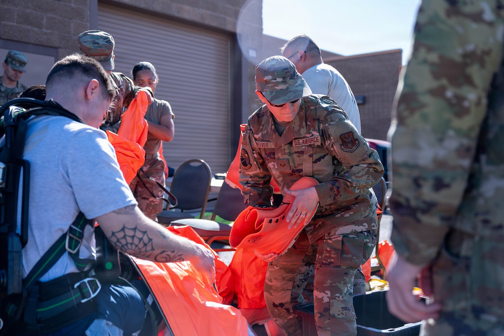 U.S. Air Force Reserve Staff Sgt. Sara Weaver, 944th Civil Engineering Squadron Emergency Management, prepares Emergency Management personnel for a chemical, biological, radiological, nuclear, or explosives (CBRNE) field training exercise at Goldwater Air National Guard base, Phoenix, Feb. 14, 2026.