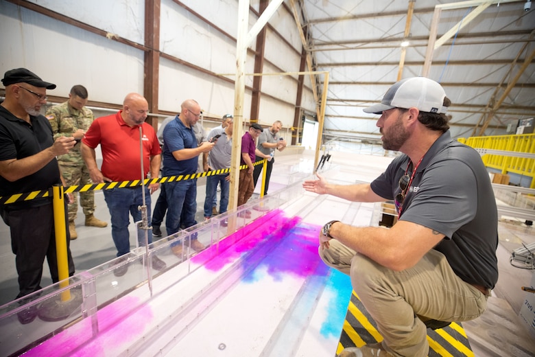 People watching colored dye disperse in water.