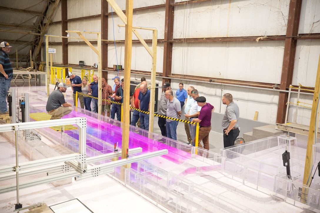 Colored dye showing the flow of water in a model.