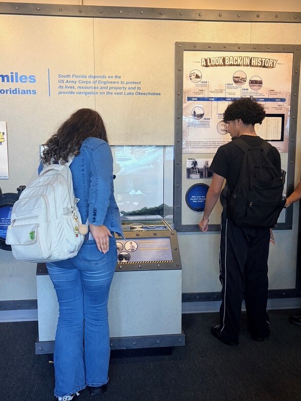 Dunbar High School students explored the interactive exhibits displayed at the Franklin Visitor Center before touring the lock. The STEM outreach event introduced students to various STEM-focused career paths while the Visitor Center’s displays highlighted lock operations, Florida’s native species, and the history of the Okeechobee Waterway. (USACE photo by Megan Parsons, Acting Lead Park Ranger)