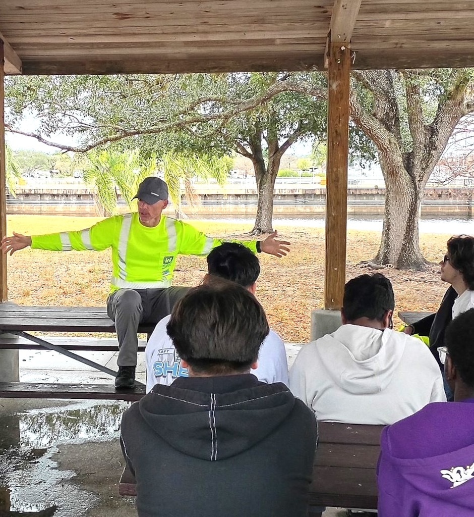 Safety first! Before the tour, Jason Pritt, Lock Operator, gave students a safety briefing and an overview of the WP Franklin Lock and Dam. As part of their STEM-focused field trip, students learned about career paths in science and engineering and gained insight into lock operations within the U.S. Army Corps of Engineers. (USACE photo by John Miracle, Volunteer and former Jacksonville District Lock Mechanic)
