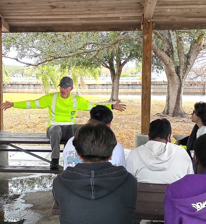 Safety first! Before the tour, Jason Pritt, Lock Operator, gave students a safety briefing and an overview of the WP Franklin Lock and Dam. As part of their STEM-focused field trip, students learned about career paths in science and engineering and gained insight into lock operations within the U.S. Army Corps of Engineers. (USACE photo by John Miracle, Volunteer and former Jacksonville District Lock Mechanic)