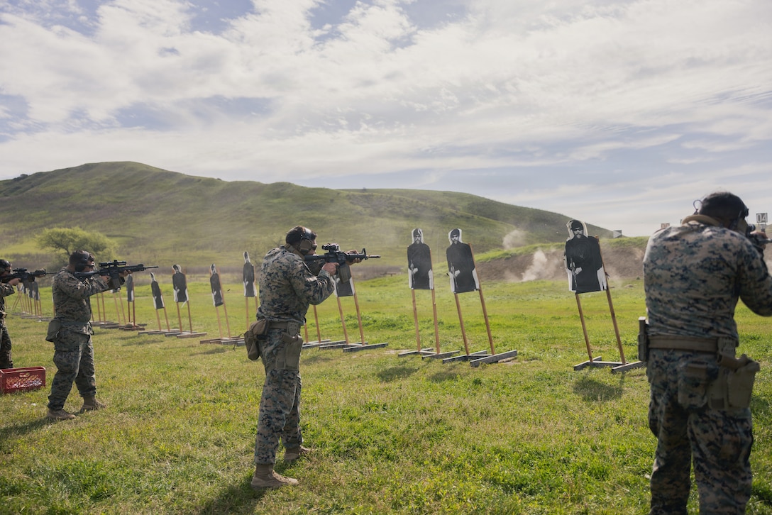 U.S. Marines from across Marine Corps Installations West participate in live-fire drills during the Marine Corps Marksmanship Competition at Marine Corps Base Camp Pendleton, Calif., Feb. 5, 2026. The MCMC provides advanced marksmanship instruction through competition-based shooting principles to increase speed, first-round hit probability and small-arms lethality. The event identified potential competitors for the Marine Corps Championship Matches at Marine Corps Base Quantico, Va. (U.S. Marine Corps photo by Sgt. Rafael)
