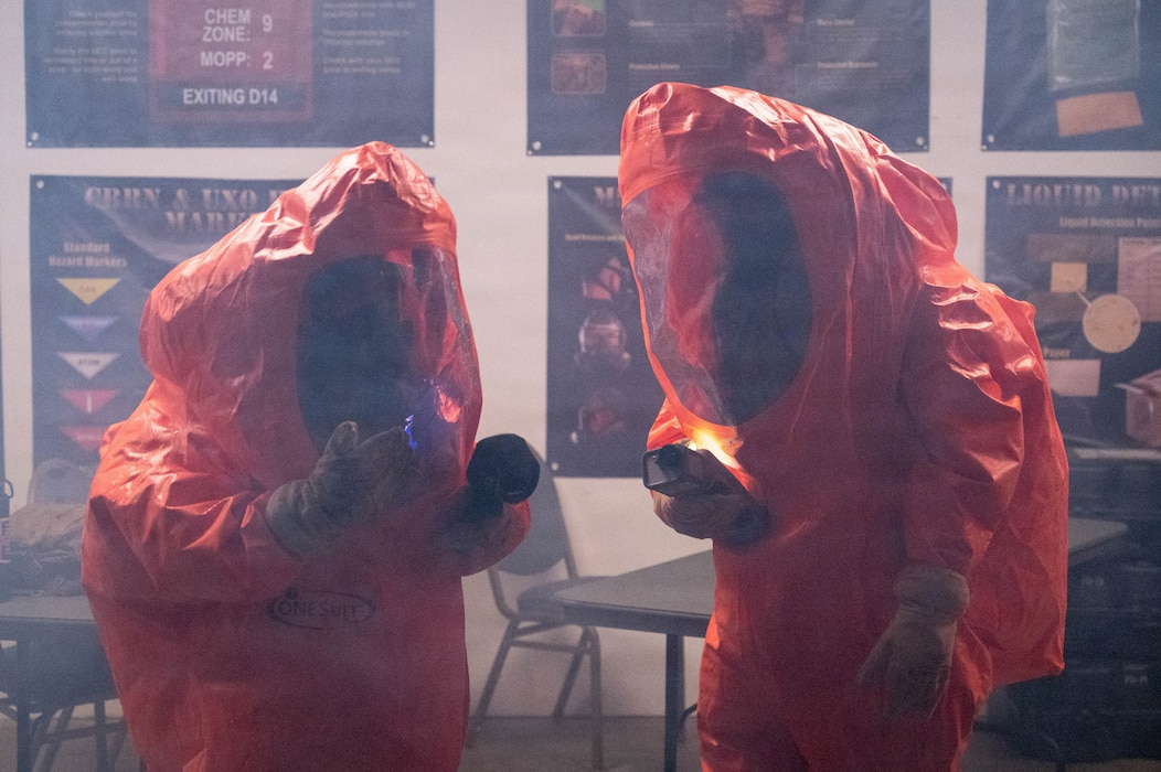 Airman participate in CBRNE exercise.
