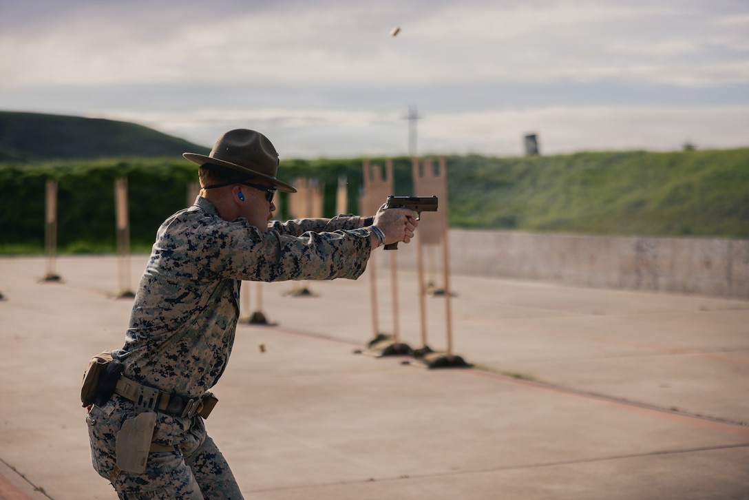 U.S. Marine Corps Staff Sgt. Dylan S. Kelley, a marksmanship instructor and competitor assigned to the Marine Corps Shooting Team, Weapons Training Battalion, Quantico, shoots during preparation for the Marine Corps Marksmanship Competition at Marine Corps Base Camp Pendleton, Calif., Feb. 5, 2026. The MCMC provides advanced marksmanship instruction through competition-based shooting principles to increase speed, first-round hit probability and small-arms lethality. The event identified potential competitors for the Marine Corps Championship Matches at Marine Corps Base Quantico, Va. (U.S. Marine Corps photo by Sgt. Rafael)