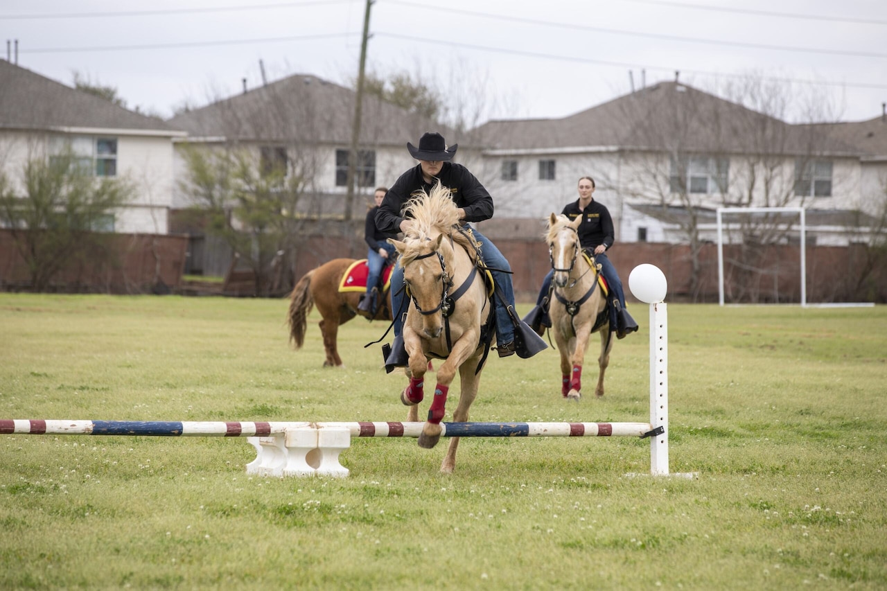 A man on horseback jumps a foot-high obstacle in a grassy area. Two other people on horseback ride behind him.