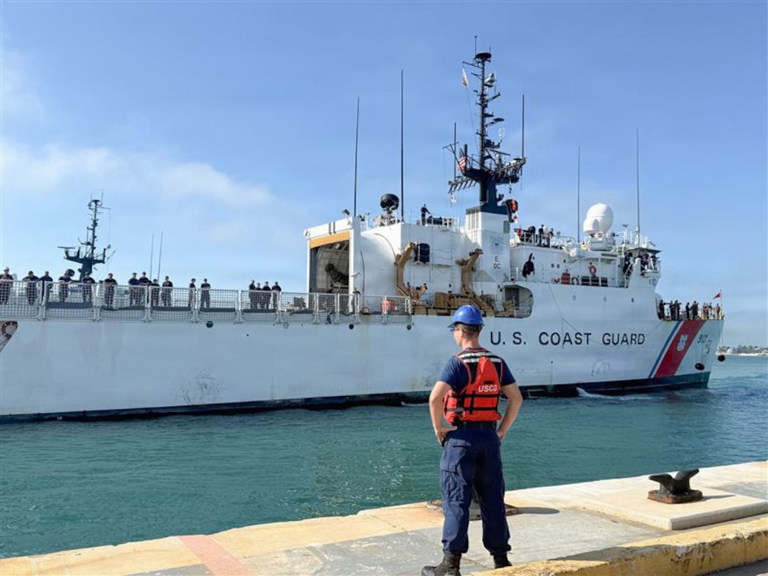 Coast Guard Cutter Mohawk (WMEC 913) approaches the pier at its homeport Feb. 14, 2026, in Key West, Florida. While deployed in support of Operation Southern Spear, Mohawk’s crew partnered with Department of War and Department of Homeland Security assets as well as additional Coast Guard units to escort two sanctioned oil tankers, preventing the illicit trade of crude oil in the Western Hemisphere. (U.S. Coast Guard photo by Lt. Mache Mason)