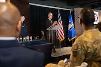 Gregory McCarthy, senior vice president for the Washington Nationals, delivers opening remarks to graduates of the CMSAF Donald L. Harlow Airman Leadership School class 26 Bravo during a graduation ceremony at Nationals Park, Washington, D.C., Feb. 12, 2026. The Washington Nationals baseball organization hosted the very first Airman Leadership School graduation at Nationals Park as part of their ongoing support of service members in the National Capital Region. (U.S. Air Force photo by Airman 1st Class Mauricio Hidalgo)