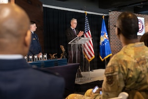 Gregory McCarthy, senior vice president for the Washington Nationals, delivers opening remarks to graduates of the CMSAF Donald L. Harlow Airman Leadership School class 26 Bravo during a graduation ceremony at Nationals Park, Washington, D.C., Feb. 12, 2026. The Washington Nationals baseball organization hosted the very first Airman Leadership School graduation at Nationals Park as part of their ongoing support of service members in the National Capital Region. (U.S. Air Force photo by Airman 1st Class Mauricio Hidalgo)