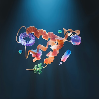 An artist’s illustration of artificial intelligence (AI). This image explores how AI can be used advance biology and protein folding.