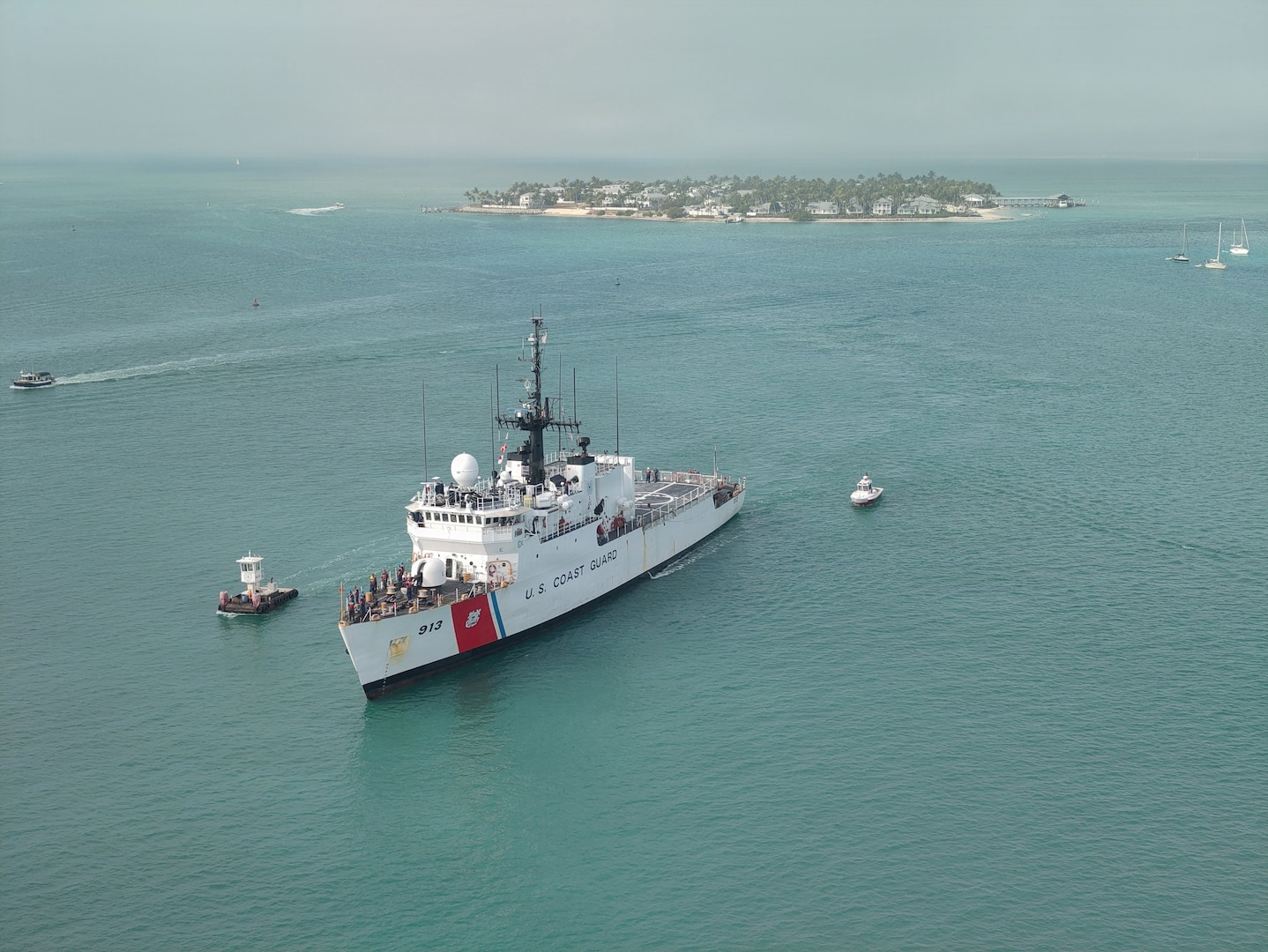 Coast Guard Cutter Mohawk (WMEC 913) transiting to their homeport Feb. 14, 2026, in Key West, Florida. Mohawk returned from a 60-day patrol in the Caribbean Sea and Gulf of America where the crew partnered with Department of War and Department of Homeland Security assets as well as additional Coast Guard units to prevent illicit trade of crude oil in the Western Hemisphere. (U.S. Coast Guard photo by Chief Warrant Officer David Irvin)