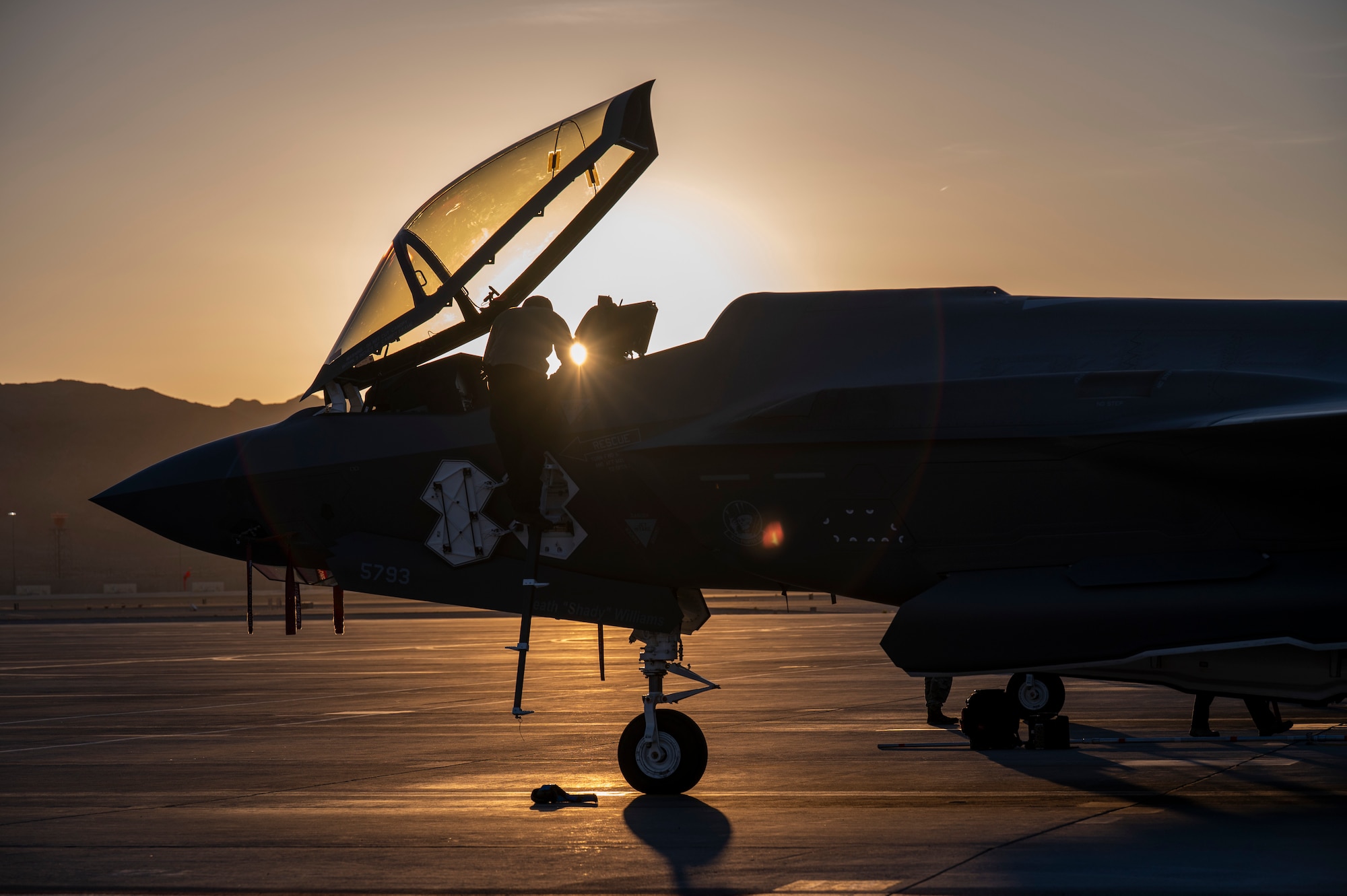 A U.S. Airman assigned to the 95th Fighter Generation Squadron prepares an F-35A Lightning II for flight at Nellis Air Force Base.