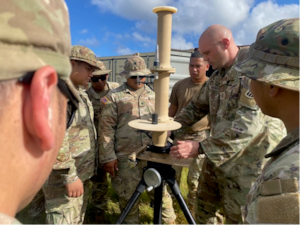 People in camouflage uniforms stand in tall grass under a blue sky, looking at and working on a tall cylinder attached to a tripod.