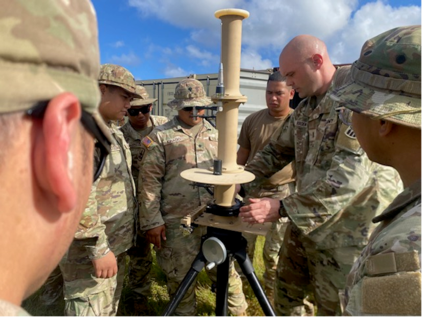 About six people in camouflage military uniforms stand in tall grass under a blue sky, looking at and working on a tall cylinder attached to a tripod.