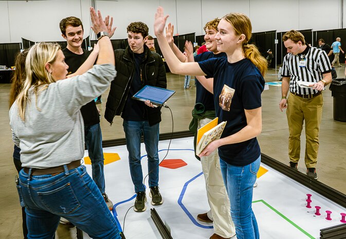FREDERICKSBURG, Va. – Fredericksburg Christian School celebrates after completing the final round of the 2026 Innovation Challenge @ Dahlgren. FCS went on to win first place in the high school category of the two-day robotics competition held at the Fredericksburg Convention Center.  (Dave Ellis/NSWCDD Photo)