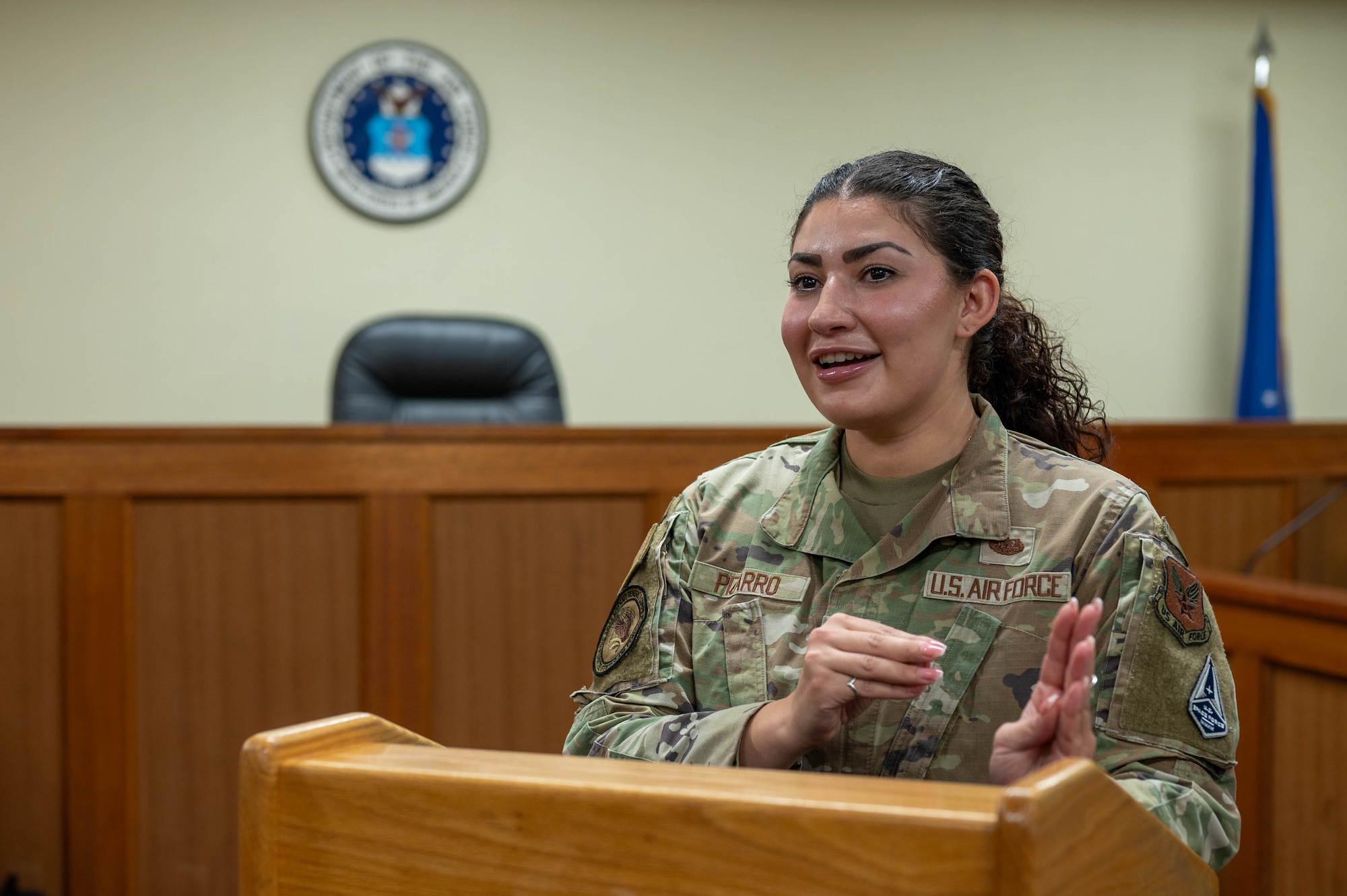 U.S. Air Force Capt. Daina Pizarro, Trial Defense Division, Area Defense Counsel, addresses the panel members at Kadena Air Base, Japan, Feb. 17, 2026. The ADC provides independent, confidential legal representation to Airmen and Guardians facing military justice and administrative actions across the 18th Wing, protecting due process and preserving mission readiness in the Indo-Pacific. (U.S. Air Force photo by Airman 1st Class Nathaniel Jackson)