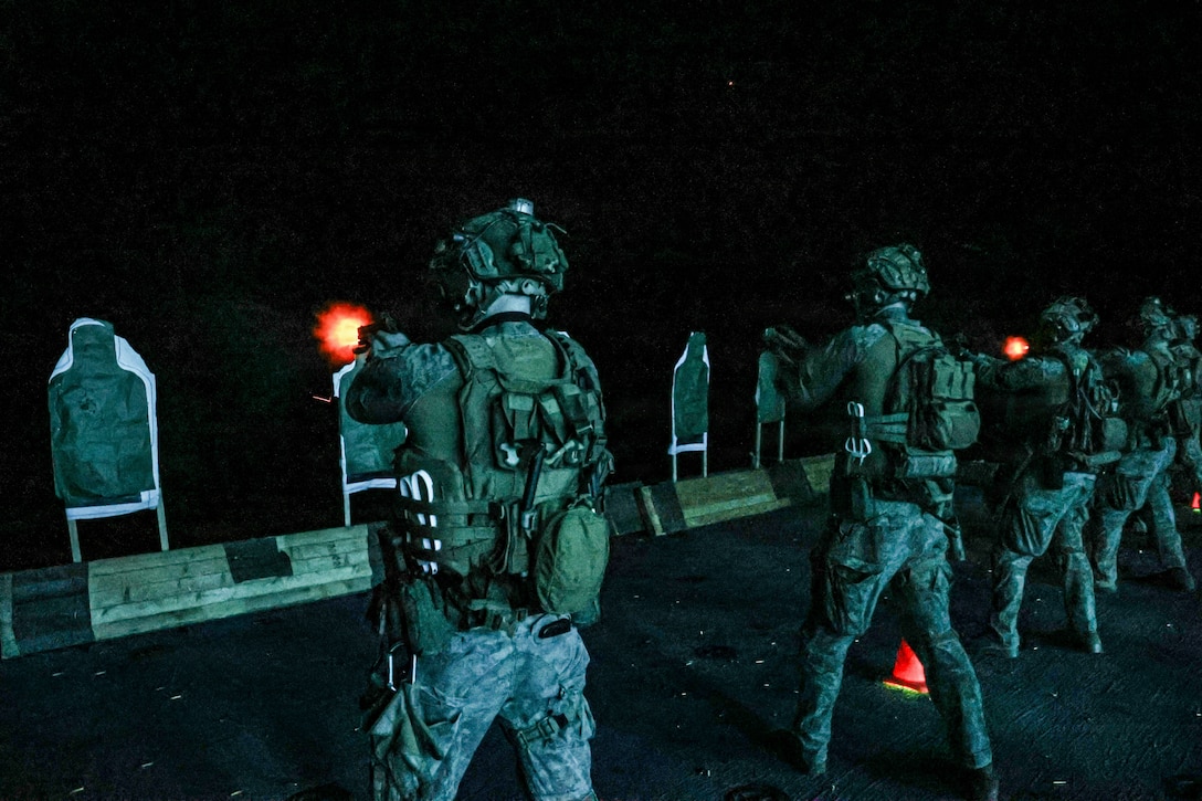 U.S. Marines with Maritime Special Purpose Force, 22nd Marine Expeditionary Unit (Special Operations Capable) fire at targets during a live-fire range aboard Wasp-class amphibious assault ship USS Iwo Jima (LHD 7), while underway in the Caribbean Sea, Feb. 4, 2026. U.S. military forces are deployed to the Caribbean in support of the U.S. Southern Command mission, Department of War-directed operations, and the president’s priorities to disrupt illicit drug trafficking and protect the homeland. (U.S. Marine Corps photo)