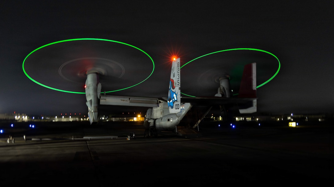 A MV-22B Osprey with Marine Medium Tiltrotor Squadron (VMM) 365 (Reinforced), 24th Marine Expeditionary Unit, refuels after a tactical recovery of aircraft and personnel full mission profile during the MEU’s certification exercise on Marine Corps Air Station New River, North Carolina, Feb. 10, 2026. CERTEX is a land-based pre-deployment exercise that enhances the integration and collective capability of the Marine Air-Ground Task Force while providing the 24th MEU with an opportunity to train and execute operations in any clime, or place. (U.S. Marine Corps photo by Cpl. Daniel R. Garcia)