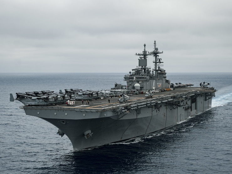 The U.S. Navy amphibious assault ship USS Boxer (LHD 4) steams in the Pacific Ocean July 12, 2024. Elements of the 15th Marine Expeditionary Unit are currently embarked aboard the Boxer Amphibious Ready Group conducting routine operations in U.S. 3rd Fleet. (U.S. Marine Corps photo by Cpl. Amelia Kang)