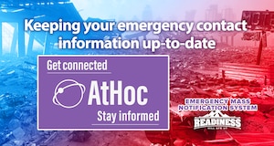 A graphic depicting the AtHoc system logo and the call to action: Keeping your emergency contact information up to date.