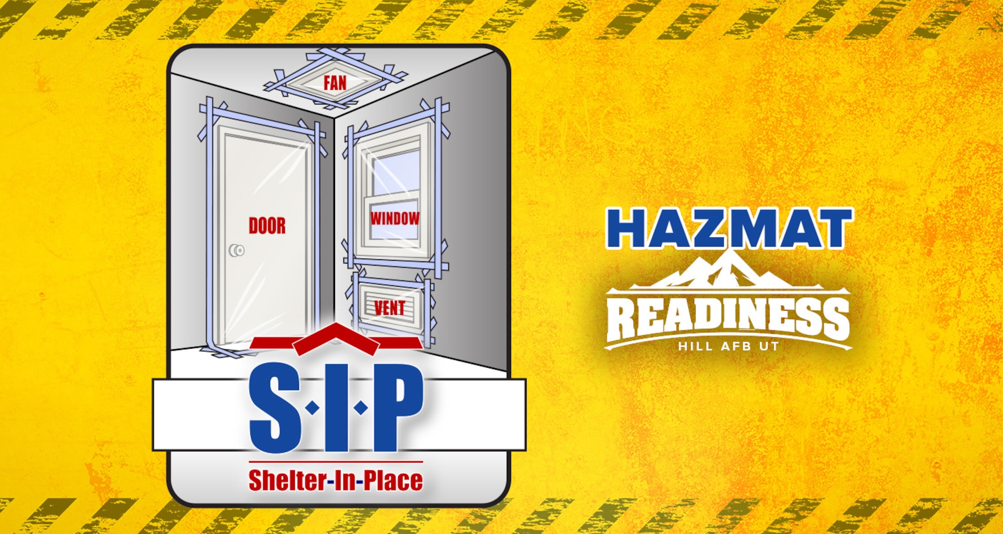 A graphic illustration shows how plastic sheeting and tape are used to seal windows, doors, vents, and fan openings during a shelter‑in‑place response.