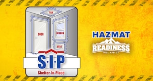 A graphic illustration shows how plastic sheeting and tape are used to seal windows, doors, vents, and fan openings during a shelter‑in‑place response.