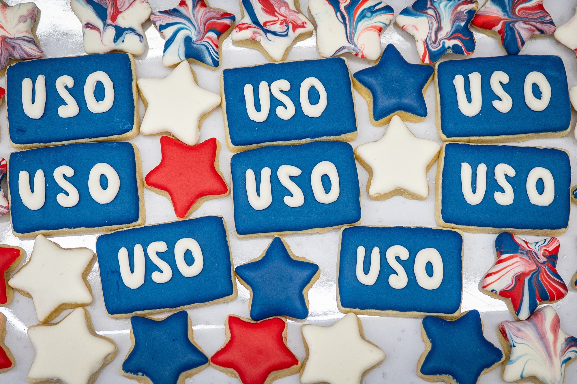 Cookies celebrating the Elmendorf USO at Joint Base Elmendorf-Richardson, Alaska, Feb. 11, 2026. The event recognized the 10th anniversary of the Elmendorf location. (U.S. Air Force photo by Senior Airman Hunter Hites)