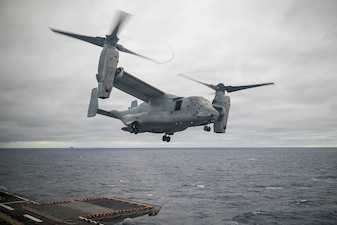 An MV-22 Osprey attached to Marine Medium Tiltrotor Squadron (VMM) 265 takes off from the flight deck of America-class amphibious assault ship USS Tripoli (LHA 7), during flight quarters, Feb. 17, 2026.