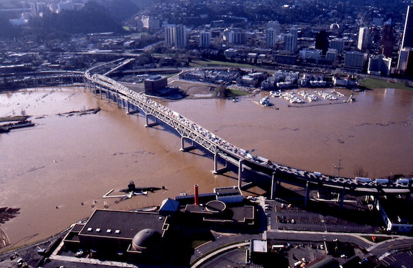 Aerial view of flooded river.