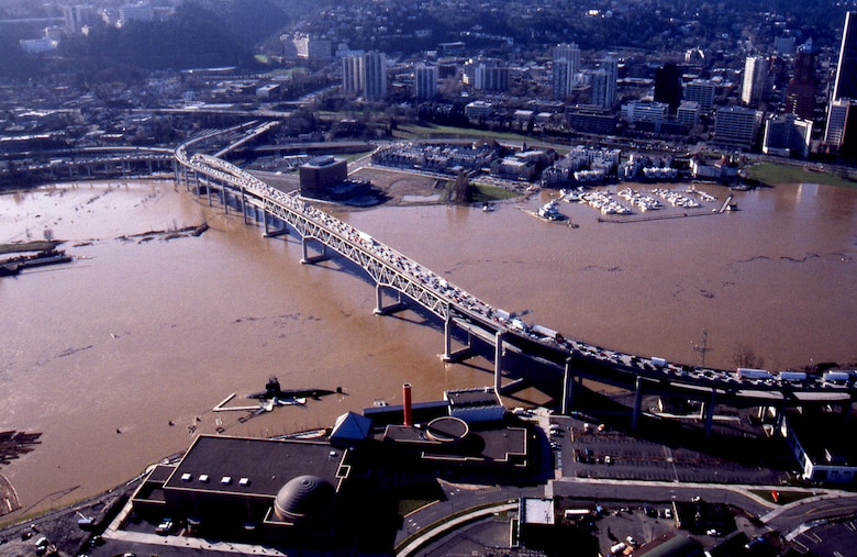 Aerial view of flooded river.