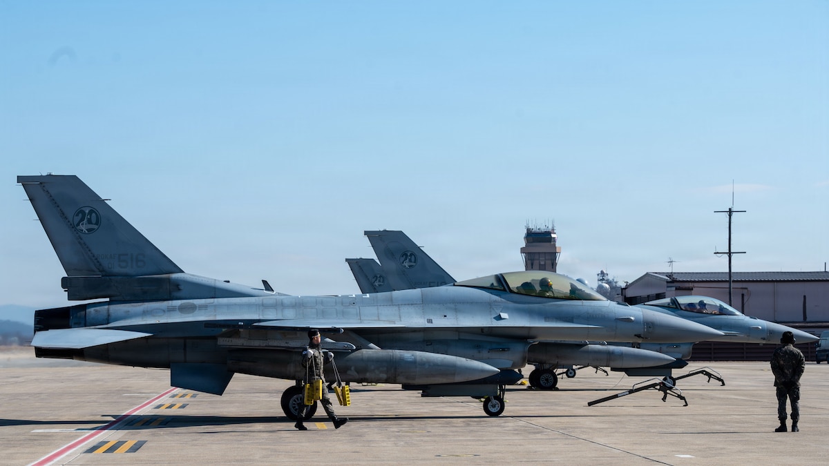 Republic of Korea Air Force KF-16s assigned to the 111th Fighter Squadron, arrives during Buddy Squadron 26-2 at Osan Air Base, ROK, Feb. 9, 2026. The bilateral training event aimed at enhancing interoperability between U.S. Air Force and ROK Air Force Airmen while strengthening combined readiness on the Korean Peninsula. (U.S. Air Force photo by Senior Airman Rome Bowermaster)