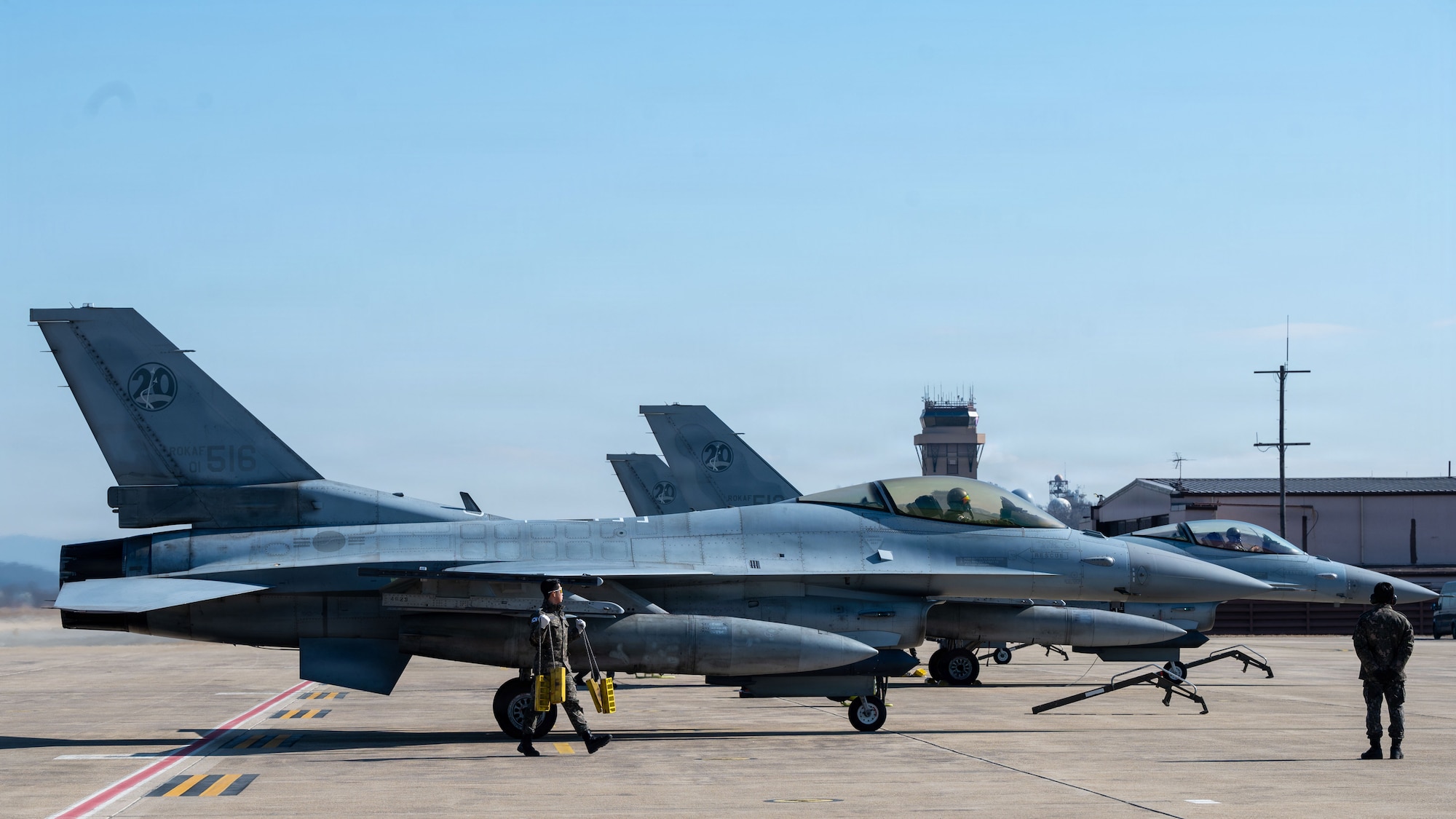 Republic of Korea Air Force KF-16s assigned to the 111th Fighter Squadron, arrives during Buddy Squadron 26-2 at Osan Air Base, ROK, Feb. 9, 2026. The bilateral training event aimed at enhancing interoperability between U.S. Air Force and ROK Air Force Airmen while strengthening combined readiness on the Korean Peninsula. (U.S. Air Force photo by Senior Airman Rome Bowermaster)