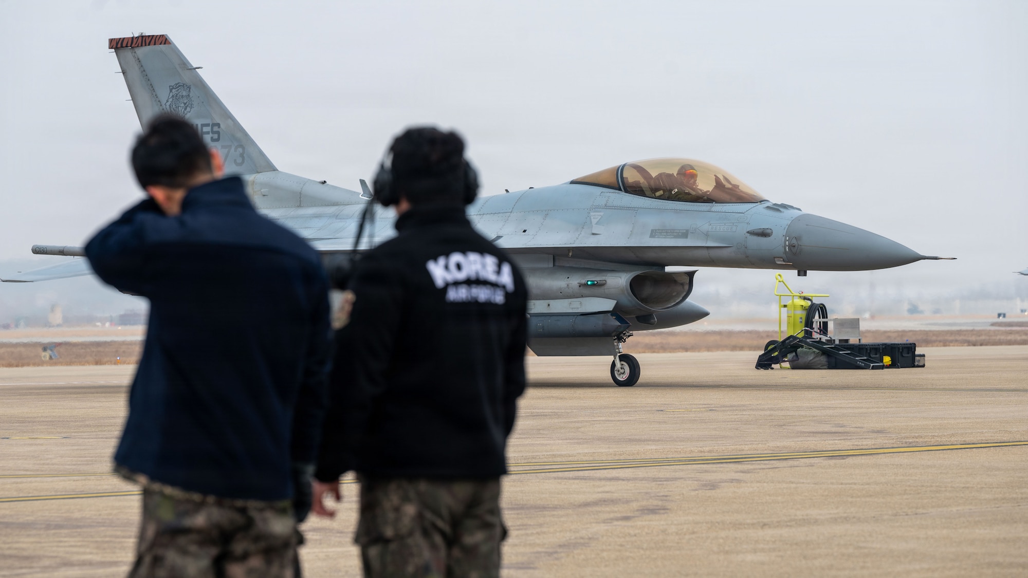 A Republic of Korea Air Force KF-16 assigned to the 111th Fighter Squadron, prepares for takeoff during Buddy Squadron 26-2, at Osan Air Base, Republic of Korea, Feb. 11, 2026. The recurring training event strengthens partnerships and ensures both forces remain ready to defend the peninsula and execute the Fight Tonight mission. (U.S. Air Force photo by Senior Airman Rome Bowermaster)
