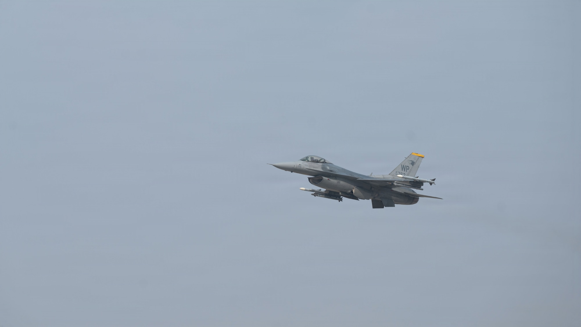 A U.S. Air Force F-16 Fighting Falcon from the 35th Fighter Squadron, takes off during Buddy Squadron 26-2, at Osan Air Base, Republic of Korea, Feb. 11, 2026. Buddy Squadron demonstrates the commitment of U.S. and ROK forces to maintaining a credible deterrent posture through realistic, combined training. (U.S. Air Force photo by Senior Airman Rome Bowermaster)
