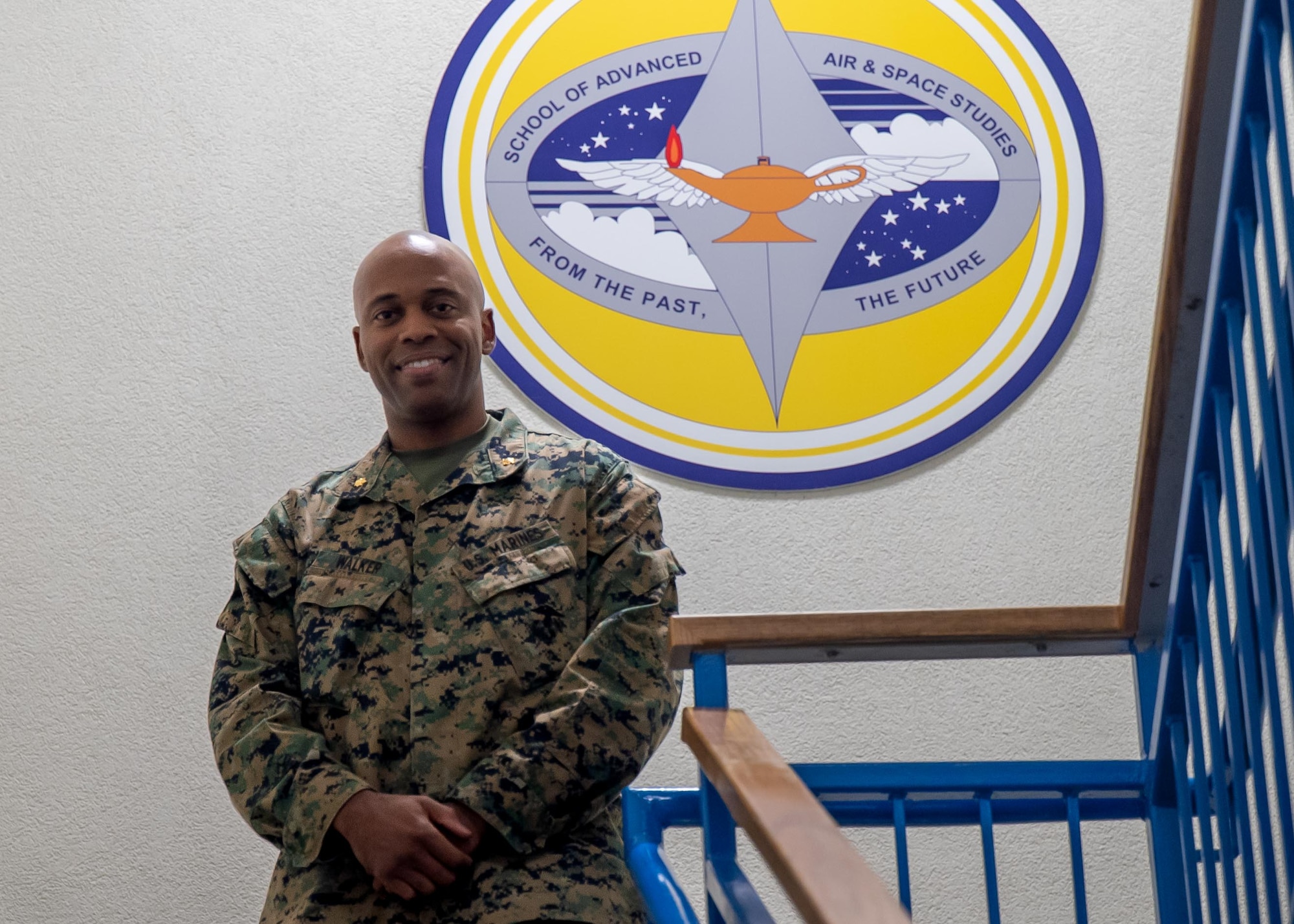 U.S. Marine Corps Maj. Cory Walker, School of Advanced Air and Space Studies student, poses for a photo at Maxwell Air Force Base, Alabama, Feb. 10, 2026.