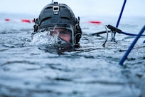 A U.S. Navy Seabee Diver from Underwater Construction Team One conducts an ice dive in a frozen lake during a bilateral training exchange with Estonian divers at Rummu Quarry Lake, Estonia.