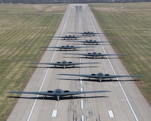 B-2 Spirit stealth bombers assigned to Whiteman Air Force Base taxi and take-off during exercise Spirit Vigilance on Whiteman Air Force Base on November 7th, 2022