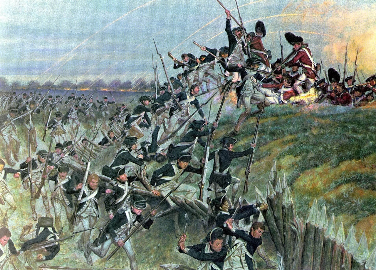 A painting shows dozens of soldiers in Revolutionary War uniforms charging at each other in a grassy field under a blue sky with bayonets affixed to muskets.