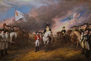 A painting depicts men in Revolutionary War uniforms outside under a blue sky with gray clouds. One stands next to another man sitting on a horse, as soldiers stand in two formations.