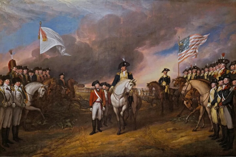 A painting depicts several men in Revolutionary War uniforms outside under a blue sky with gray clouds. One man stands next to another man sitting on a horse, as soldiers stand in two formations on either side of them.