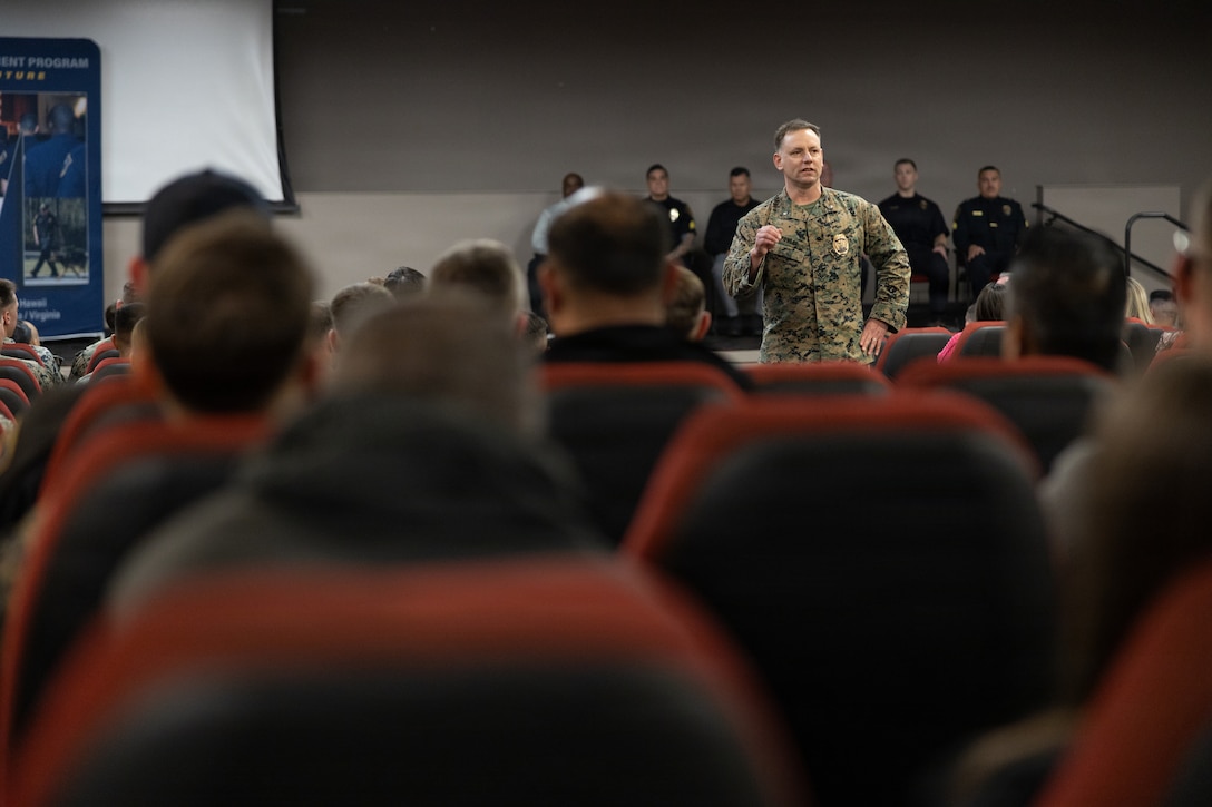 U.S. Marine Corps Lt. Col. Fowler, provost marshal, Provost Marshal’s Office, Marine Corps Base Camp Pendleton, gives remarks during a Marine Corps Law Enforcement Program Officer and Civilian Employee Awards Ceremony at MCB Camp Pendleton, Calif., Feb. 17, 2026. The ceremony was held to award the outstanding contributions and commitment of MCLEP officers and recognize civilian employees for their federal length-of-service accomplishments. (U.S. Marine Corps photo by Sgt. Buck)