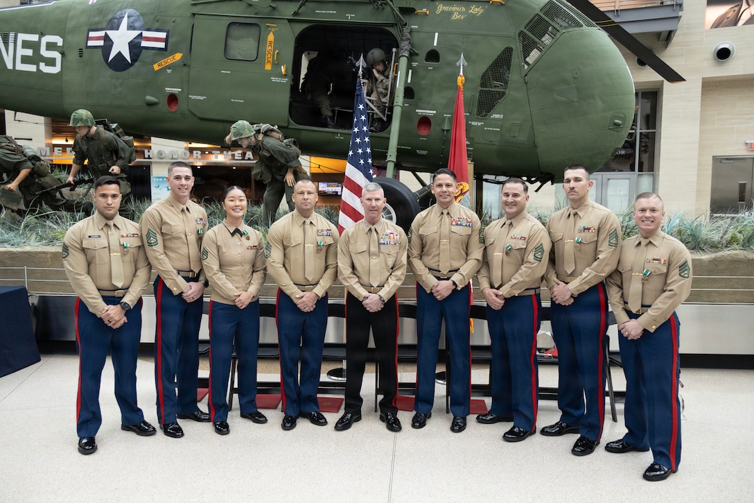 U.S. Marine Corps Sgt. Maj. Carlos A. Ruiz, the 20th Sergeant Major of the Marine Corps, alongside Gen. Eric M. Smith, the 39th Commandant of the Marine Corps, recognize the Recruiter, Drill Instructor, Marine Security Guard, and Marine Combat Instructor of the Year during the CMC Combined Awards Program at the National Museum of the Marine Corps, Triangle, Virginia, Feb. 18, 2026. The CMC Combined Awards Program recognized Marines for their outstanding performance during fiscal year 2025. (U.S. Marine Corps photo by Gunnery Sgt. Jordan E. Gilbert)